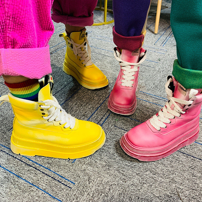 YHAY2024秋冬彩色黄玫粉色做旧洗水牛皮高邦混搭加绒休闲马丁靴,女鞋,马丁靴,淘宝优惠券,粉丝福利购,淘宝优惠卷