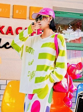 YHAY白色荧光绿字母加绒休闲T恤秋冬新款撞色条纹宽松运动打底衫