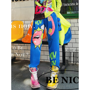 女 嘴唇图案潮牌宽松卫裤 YHAY宝蓝彩色字母保暖加绒休闲裤 秋冬新款