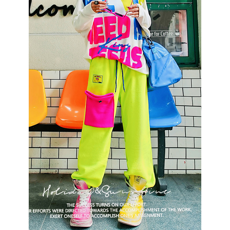 YHAY荧光绿彩色字母贴布加绒休闲裤秋冬新款口袋潮牌宽松工装卫裤,女装/女士精品,休闲裤,淘宝优惠券,粉丝福利购,淘宝优惠卷