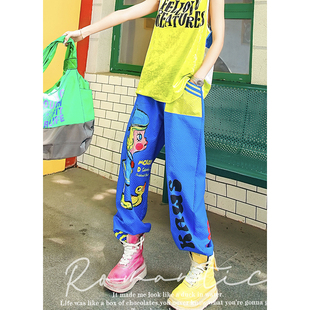 运动卫裤 卡通图案潮牌宽松大码 女 春夏新款 YHAY宝蓝彩色字母休闲裤