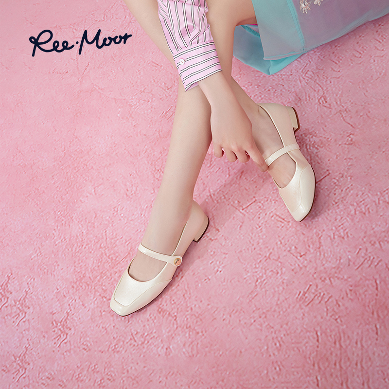REEMOOR睿慕25秋新款新中式玛丽珍一字带扣拼接气质跟鞋方头女鞋
