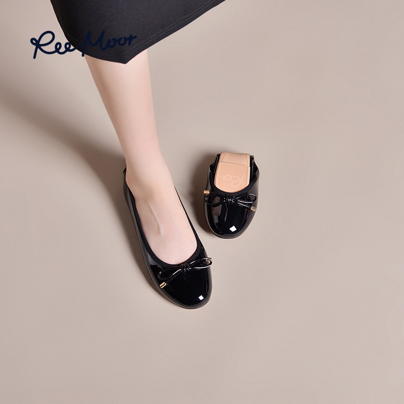 REEMOOR睿慕2025年秋季新款浅口单鞋芭蕾船鞋漆皮软底蛋卷