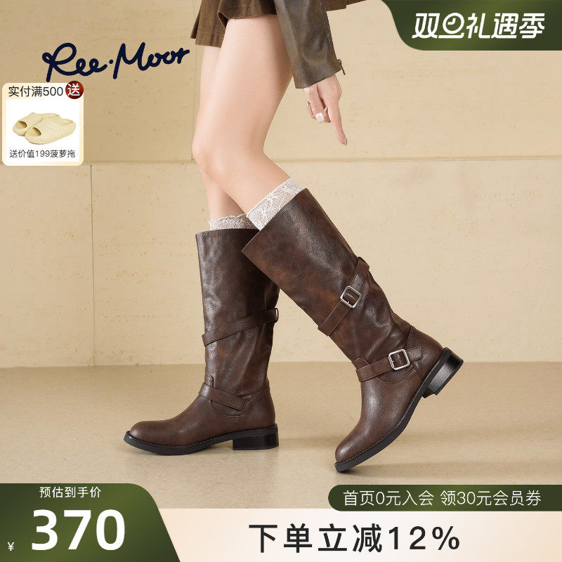 REEMOOR睿慕2025冬季新款复古英伦风圆头粗跟厚底增高针扣