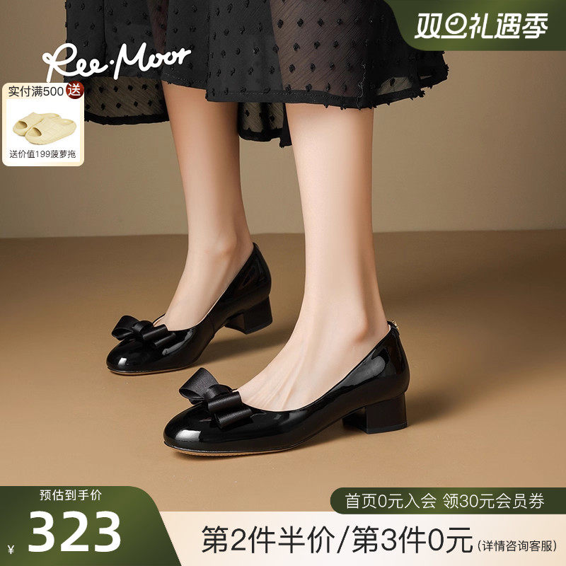 REEMOOR睿慕2025秋季新款圆头蝴蝶结浅口坡跟瓢鞋女士中跟