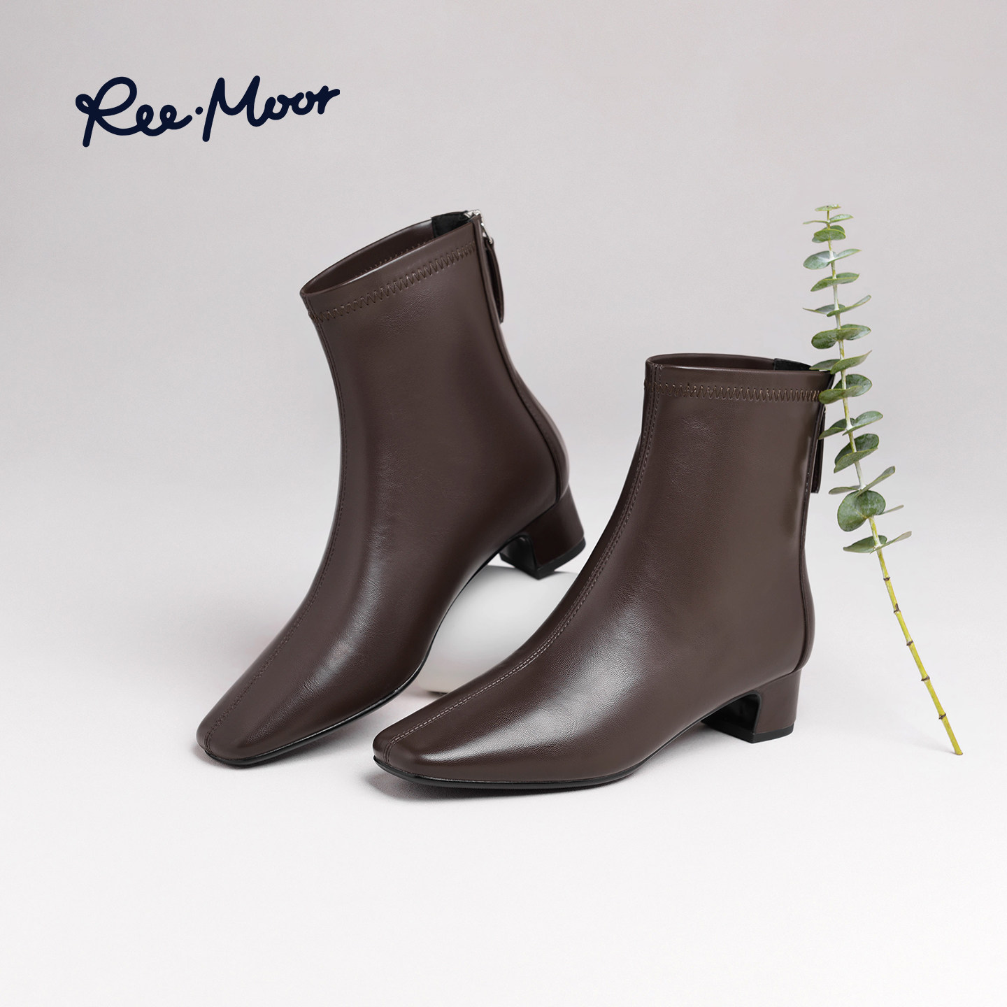 REEMOOR睿慕2025冬季新款法式方头瘦瘦靴女粗跟短靴显瘦舒