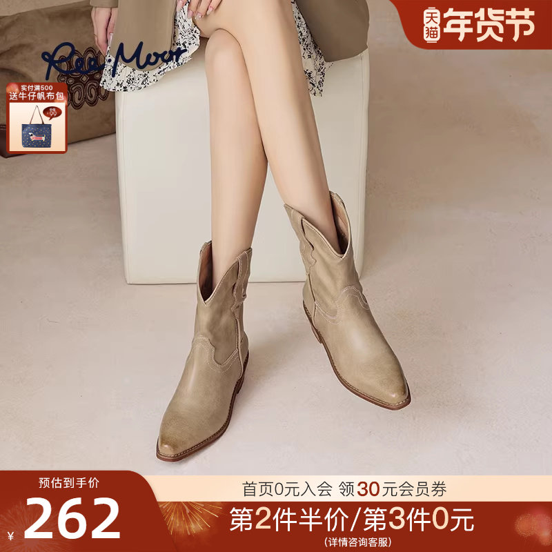 REEMOOR睿慕2025新款时尚复古尖头粗跟短靴西部牛仔时装靴
