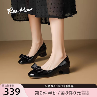 REEMOOR睿慕2026春季 圆头蝴蝶结浅口坡跟瓢鞋 女士中跟单鞋 女 新款