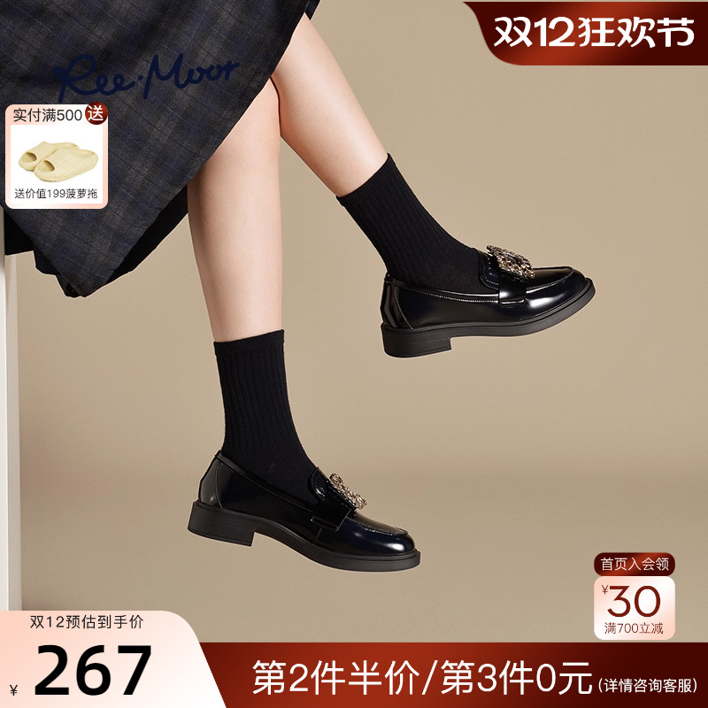 REEMOOR睿慕2025冬新款水钻方扣乐福鞋粗跟厚底增高一脚蹬女鞋