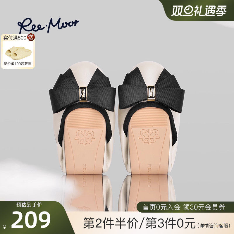 REEMOOR睿慕2025新款经典百搭蝴蝶结浅口软底平底蛋卷圆头