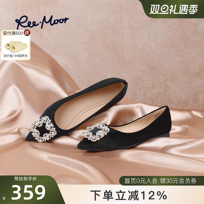 法式水钻方扣黑色软底尖头