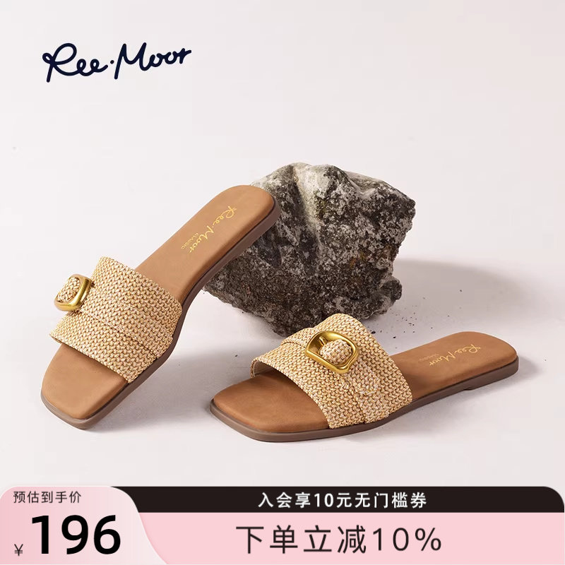 REEMOOR睿慕夏季新款编制露趾拖鞋女士一字带外穿平底拖鞋