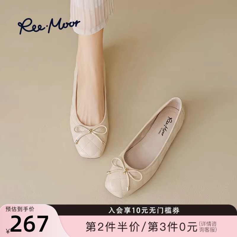 REEMOOR睿慕白色单鞋女2026新款芭蕾平底鞋浅口蛋卷鞋软底