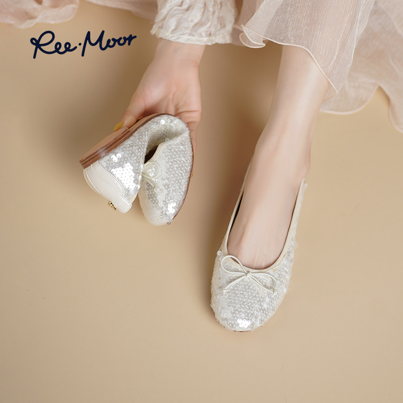 REEMOOR睿慕2025秋季新款圆头亮片蝴蝶结浅口平底单鞋一脚