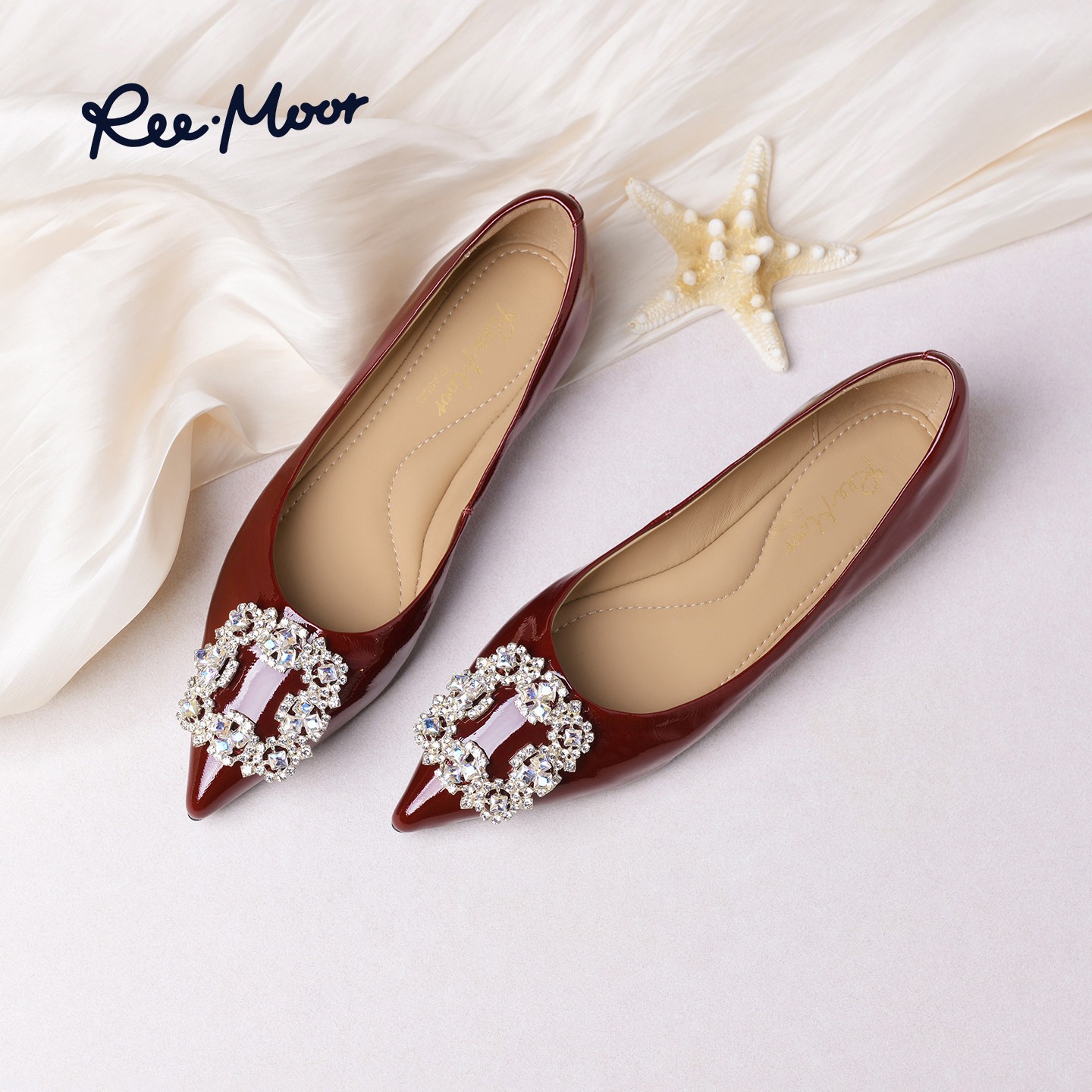 REEMOOR睿慕2026春季新款水钻方扣尖头平底单鞋女软底浅口婚鞋,女鞋,浅口单鞋,淘宝优惠券,粉丝福利购,淘宝优惠卷