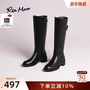 REEMOOR睿慕2025冬季 皮带扣骑士靴女高筒粗跟后拉链机车靴 新款