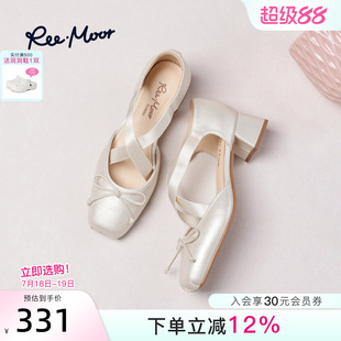 REEMOOR睿慕2026夏季新款方头蝴蝶结交叉绑带单鞋优雅粗跟凉鞋女