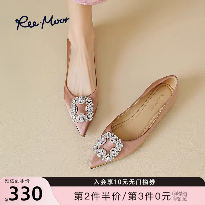 REEMOOR睿慕2026春季新款水钻方扣蛋卷鞋软底尖头平底单鞋婚鞋女