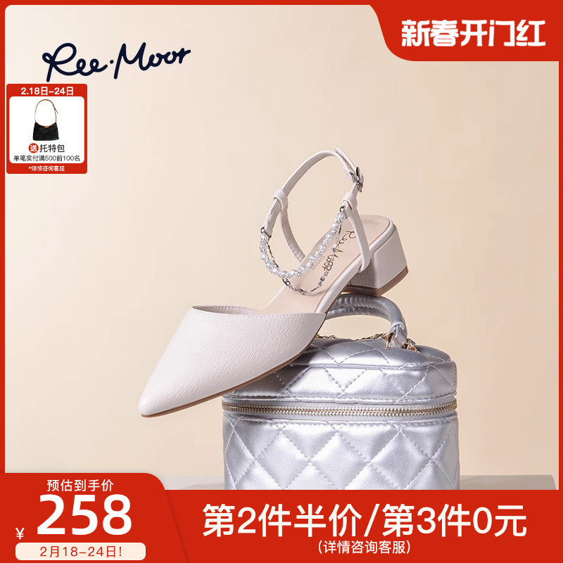 REEMOOR睿慕2024年新款法式尖头凉鞋休闲舒适一字扣中跟夏季女鞋