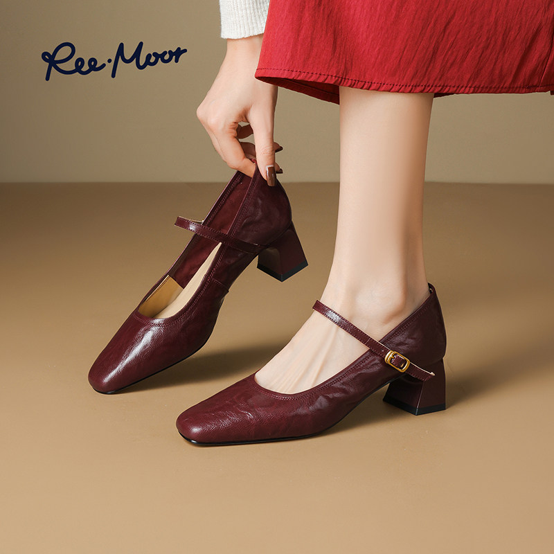 REEMOOR睿慕2025秋季新款法式方头粗跟浅口单鞋一字带玛丽