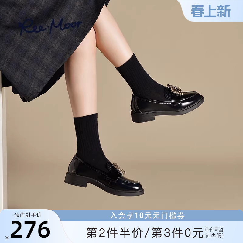 REEMOOR睿慕2025冬新款水钻方扣乐福鞋粗跟厚底增高一脚蹬