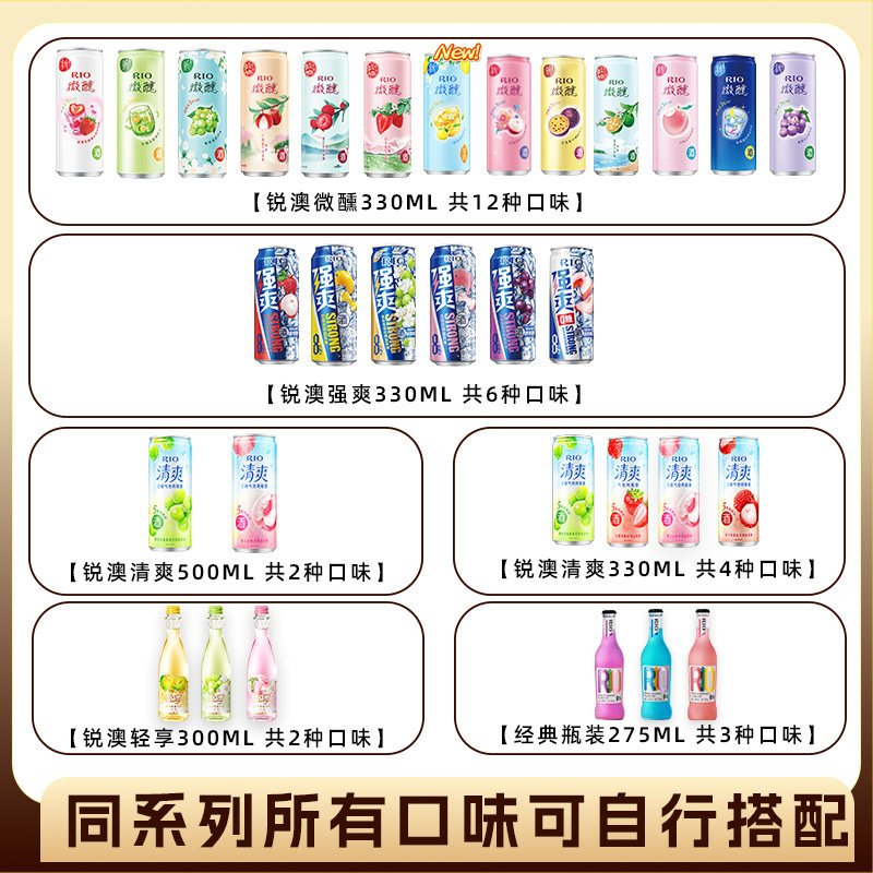 rio微醺鸡尾酒预调锐澳清爽草莓强爽白桃葡萄果酒330ml网红酒