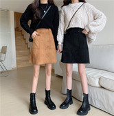 鹿皮绒口袋半身裙女秋冬大码 遮跨包臀裙 高腰百搭显瘦a字裙中长款