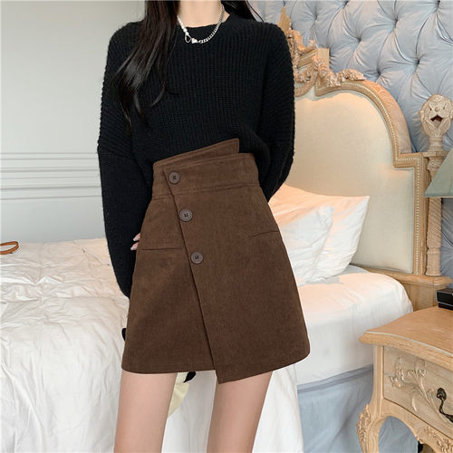 不规则设计感灯芯绒女高腰半身裙