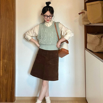 口袋灯芯绒半身裙中裙高腰a字裙