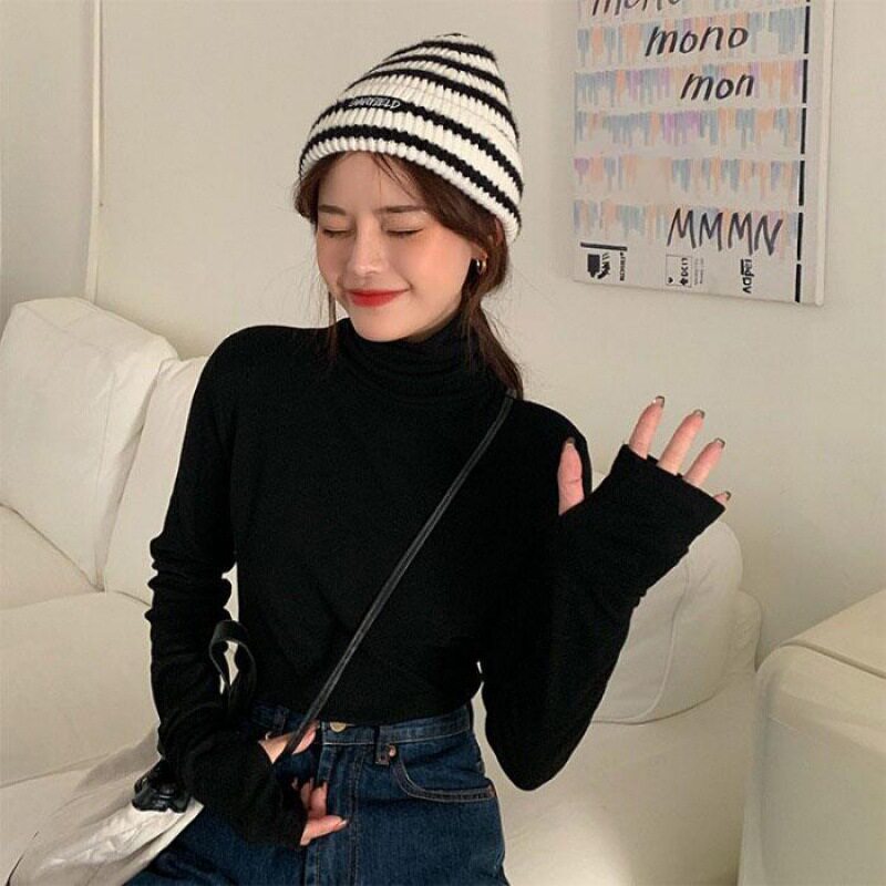 指套带手套加厚打底衫女秋冬套指袖子加长小衫护手穿手指长袖上衣