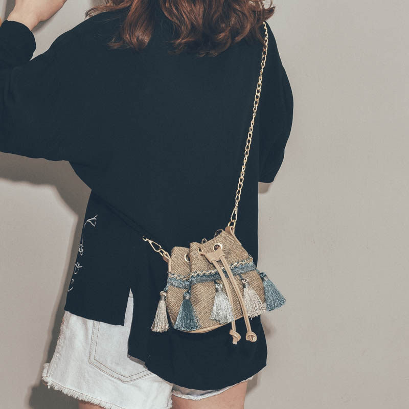 Baobaonv 2021 new pattern fairy Versatile Harajuku chain Inclined shoulder bag summer Sen family tassels canvas Bucket bagin the Leather/Lady bags/Men's bag, Ms. bags  category - from Buy2taobao.com to provide professional Taobao agent buy service