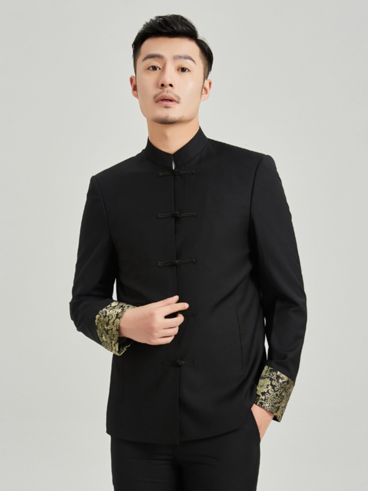 STAND-UP COLLAR TANG SUIT MENS SLIM YOUTH CHINESE STYLE DRAGON PATTERN CHINESE BUCKLE WEDDING ANNUAL PARTY PERFORMANCE HOST