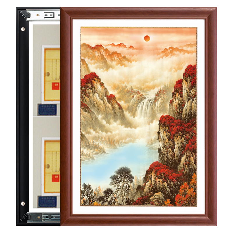 新中式实木框竖款配电箱画推拉电表箱装饰画免打孔电闸画空开挂画