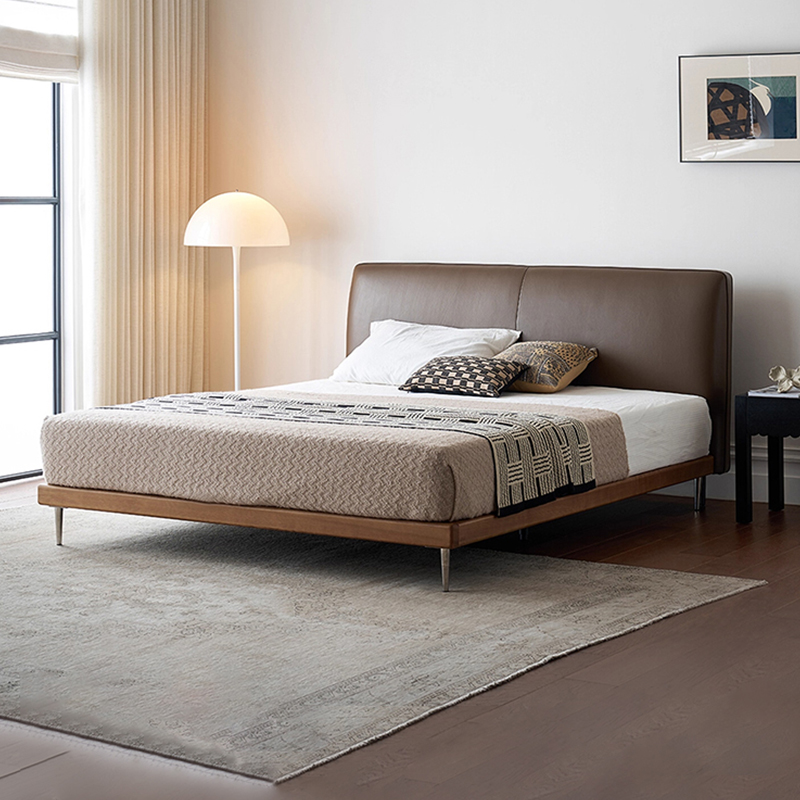 斯诺真皮床 现代简约复古风主卧床高级中古风实木齐边双人床