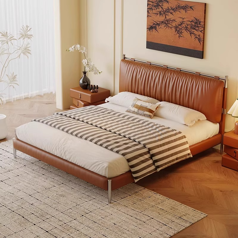 中古包豪斯床主卧室皮艺床1米8双人床高级意式轻奢软包复古真皮床