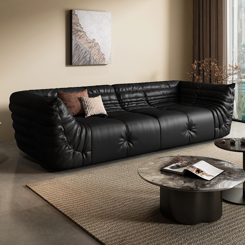 意式极简头层牛皮沙发复古网红小户型togo毛毛虫黑色真皮沙发直排