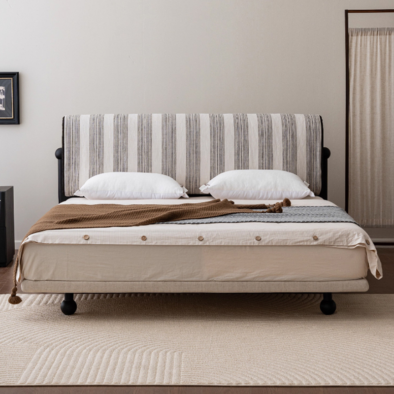 原野现代简约条纹布床法式复古主卧实木床可拆洗亚麻双人床