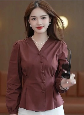 秋季舒适时尚休闲气质洋气法式复古V领长袖衬衫纯色收腰褶皱上衣