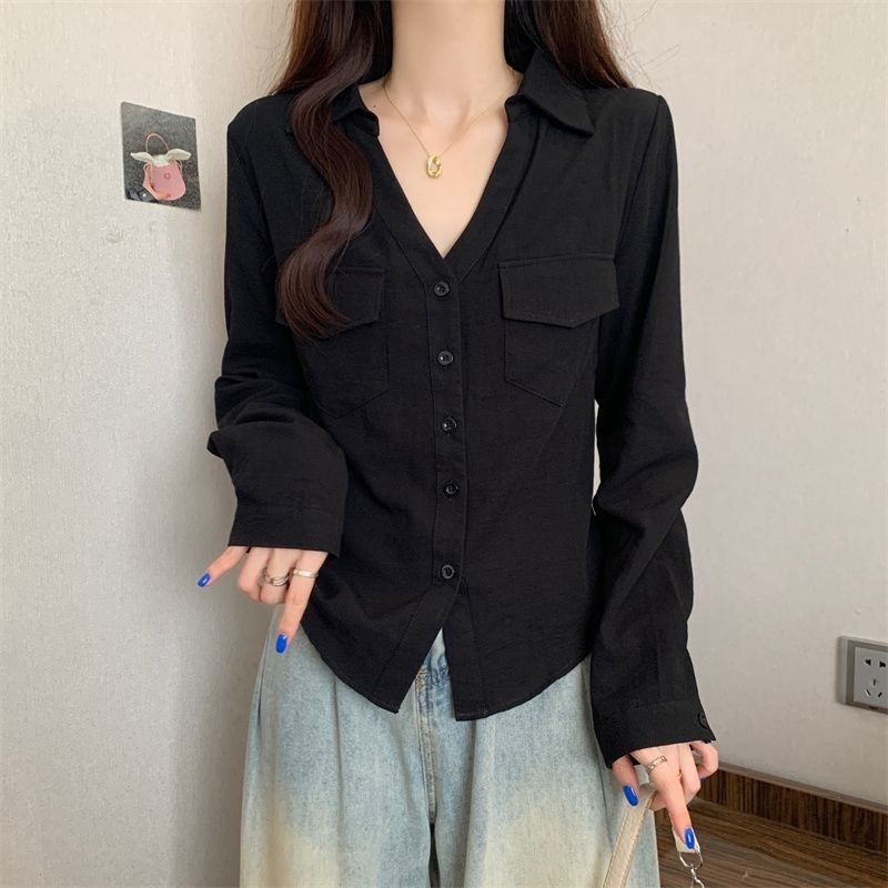 长袖衬衫女秋季2025年新款设计感小众V领显瘦宽松休闲百搭上衣潮