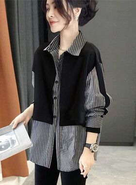 2026春秋新款港风假两件拼接条纹长袖衬衫女宽松百搭polo领衬衫潮