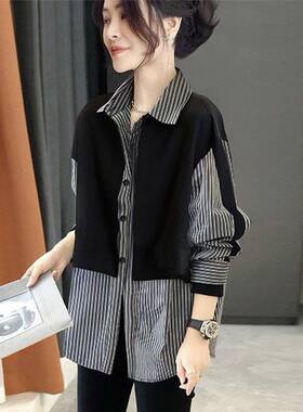2026春秋新款港风假两件拼接条纹长袖衬衫女宽松百搭polo领衬衫潮