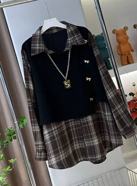 0226秋冬大格子假两件衬衫洋气宽松显瘦中长款大版休闲长袖上衣女