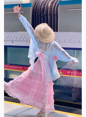 蓝色蝴蝶结防晒衬衫外套女春夏韩系少女风减龄宽松绝美上衣
