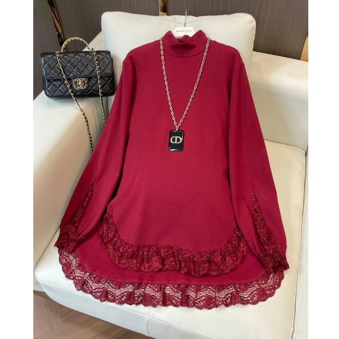 2025春秋新款加绒薄绒蕾丝打底衫中长款百搭套头遮肚子安可拉红