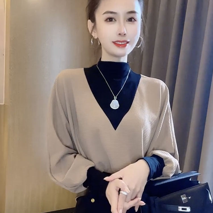 高端气质拼接高领假两件衬衫女