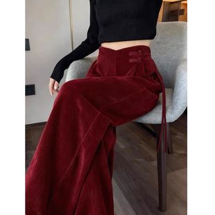 2025秋冬新款新中式酒红色盘扣灯芯绒阔腿裤女高腰流苏直筒裤