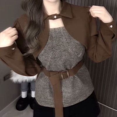辣妹轻熟风假两件上衣韩版冬季新款设计感女人味系带收腰显瘦小衫