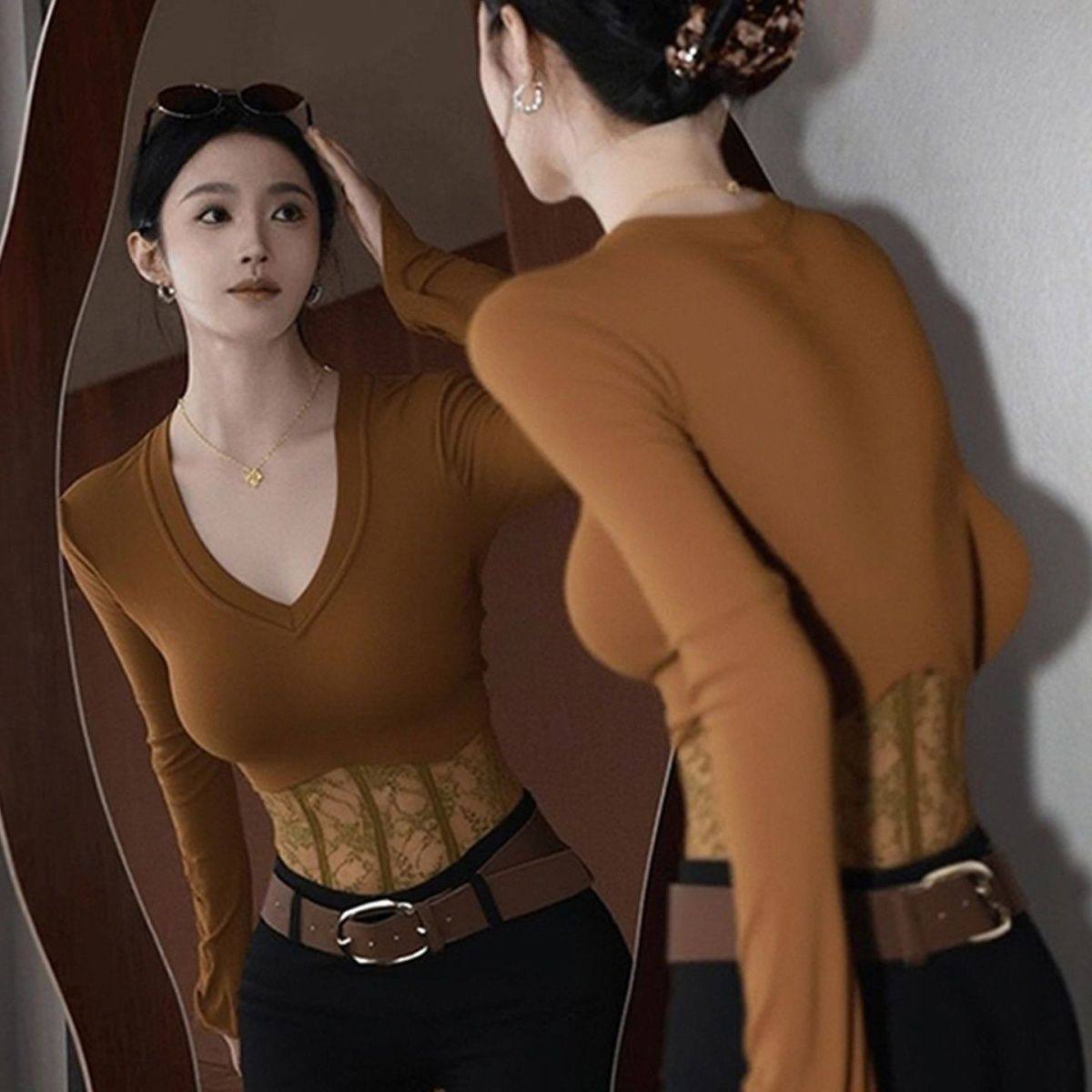 咖啡色v领微透修身T恤打底衫2026新款女辣妹风早秋巨好看长袖上衣