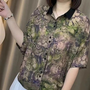 休闲大码 新款 透气减龄显瘦小衫 夏装 上衣女时尚 短袖 洋气妈妈装 衬衫