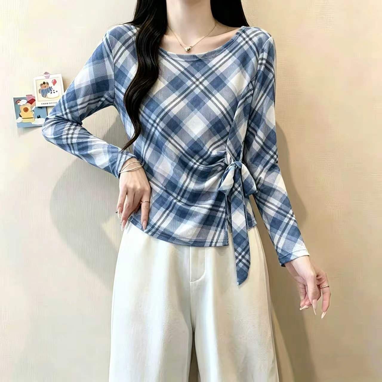 宽松圆领印花休闲风格纹绑带雪纺衫女长袖防晒罩衫设计感修身上衣